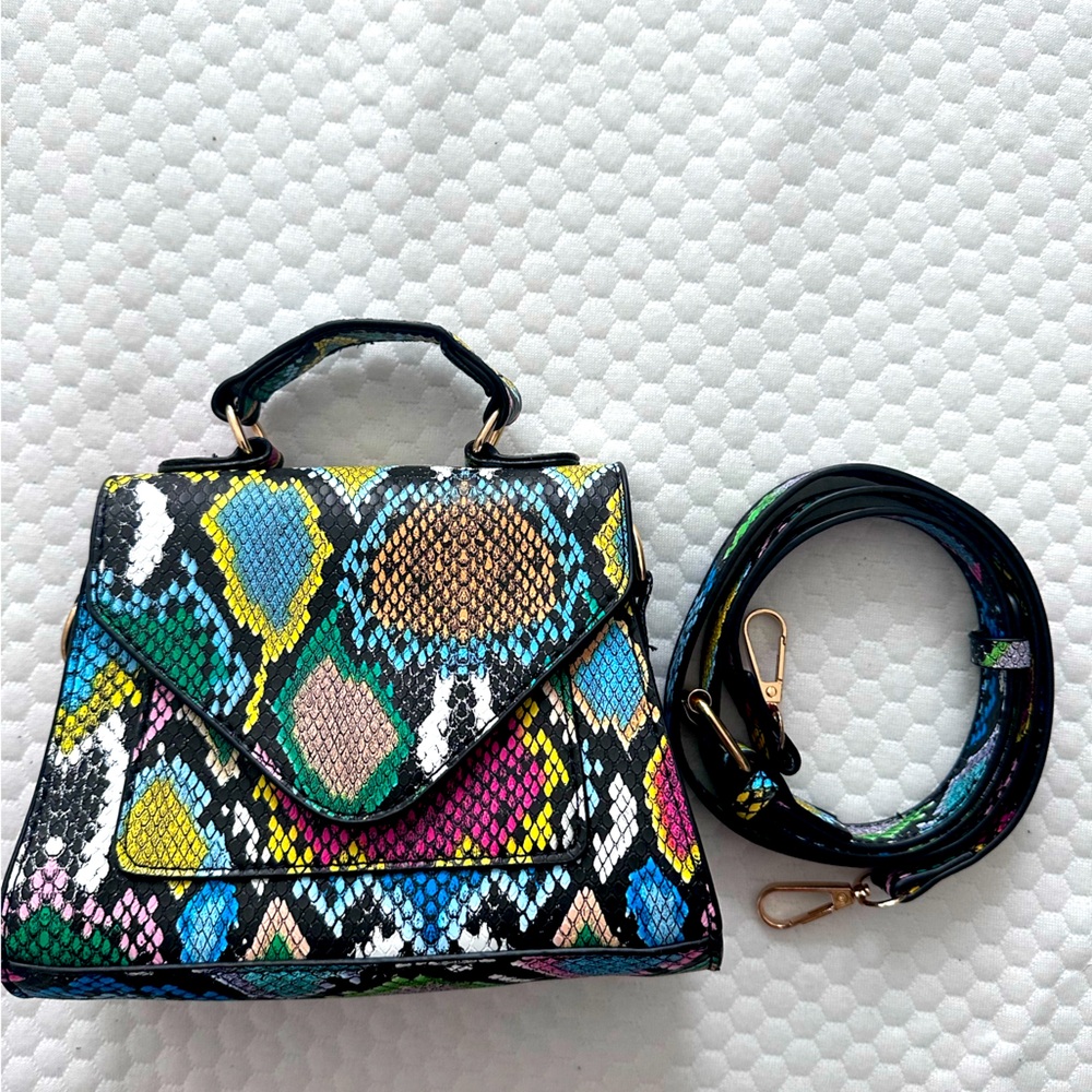 Multi Colored Snakeskin Print Handbag with Strap